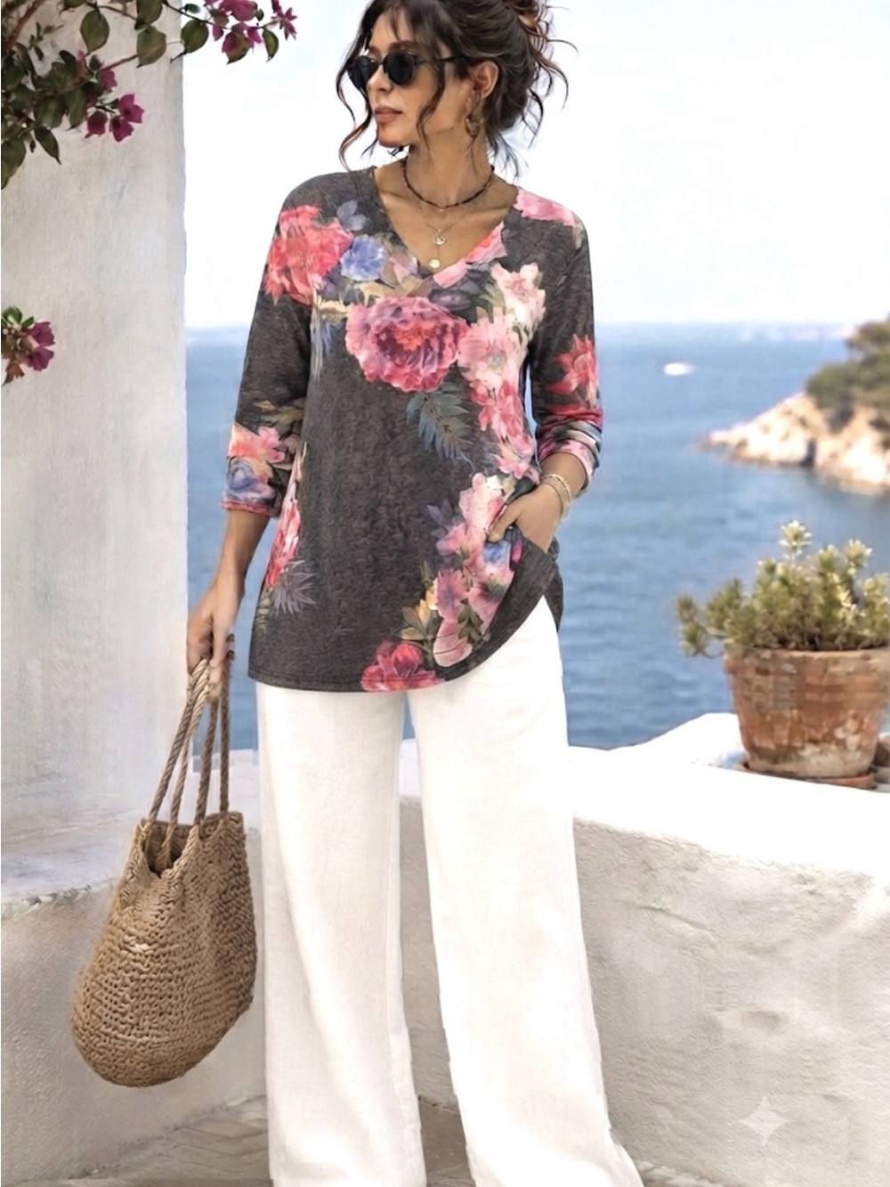 SOFT SURROUNDINGS FLORAL SWEATER TOP L V NECK L/S RAYON BLEND COLORFUL **FLAW**